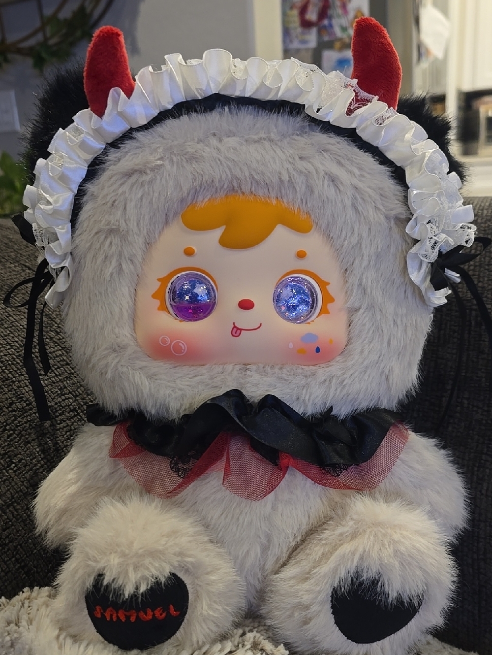 Plush Fantasy Doll Stuffed Animal in Gray and Red -